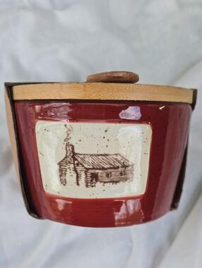 Serving Bowl With Trivet & Spoon Rustic Ceramic Bowl with Cabin Sketch